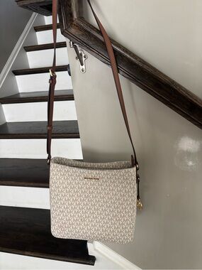 Michael Kors Cream MK Logo Crossbody with Brown Strap